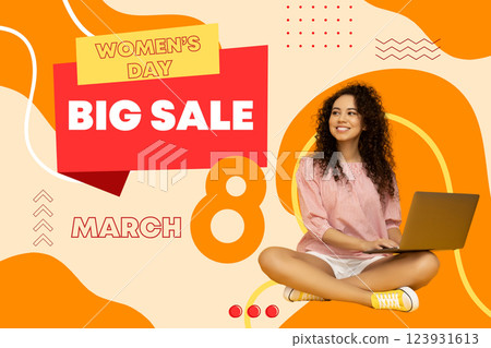 8 March, international women's day, happy woman sitting with a laptop on her knee on a beige and orange background, with text 123931613