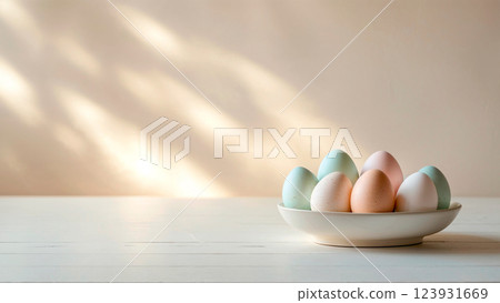 Wooden light table with eggs and blurred sunny background on light wall. Soft warm tones. Minimalistic composition on Happy Easter theme. Place for insertion. AI generated. 123931669
