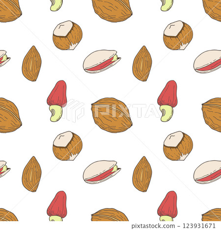 Seamless pattern with nuts. Healthy food nuts and seeds, nutrition walnut, hazelnut, pistachio and almond. Seamless pattern with nuts. Healthy food nuts and seeds, nutrition walnut, hazelnut, pistachio and almond. 123931671