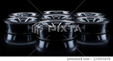 A striking composition displays six shiny alloy wheels arranged in a circular formation against a A striking composition displays six shiny alloy wheels arranged in a circular formation against a 123931678