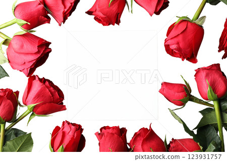 Frame of blooming red roses and a white sheet of paper, isolated on white background, PNG 123931757