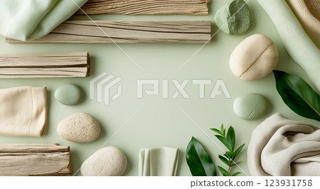 Mood board design with light green and beige natural materials, fabric swatches, and wooden elements and stones natural. AI generated.  123931758