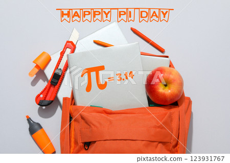 Pi day, school bag on green background, side view. Pi day, school bag on green background, side view. 123931767