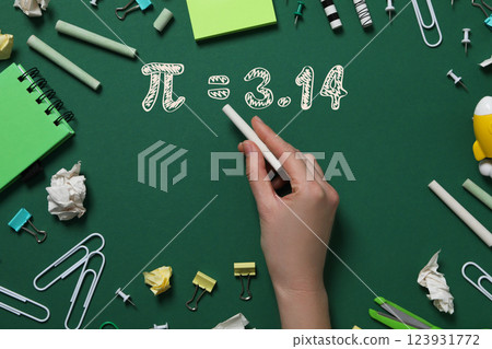 Pi day, school blackboard on green background, side view. Pi day, school blackboard on green background, side view. 123931772