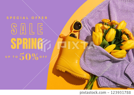 Hello spring, sweater, boots, bouquet and sunglasses on a purple background, top view, with text 123931788