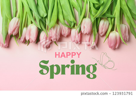 Hello spring, pink tulips on a pink background, top view, with text 123931791