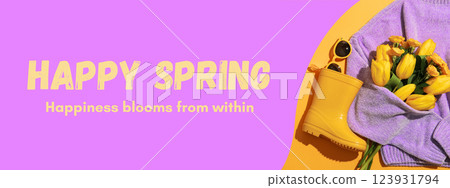 Hello spring, sweater, boots, bouquet and sunglasses on a purple background, top view, with text Hello spring, sweater, boots, bouquet and sunglasses on a purple background, top view, with text 123931794