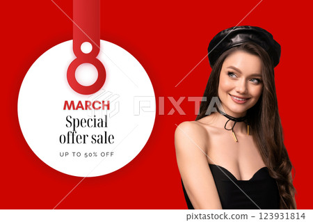 8 March, international women's day, smiling elegant woman on red background, with text 8 March, international women's day, smiling elegant woman on red background, with text 123931814