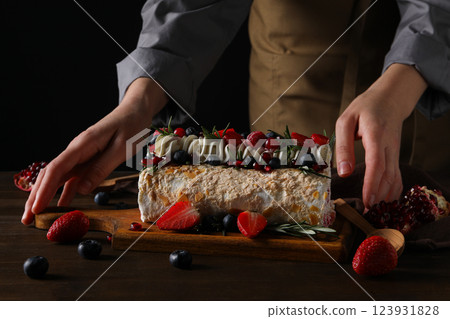 Meringue roll, concept of tasty and delicious food Meringue roll, concept of tasty and delicious food 123931828