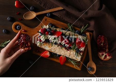 Meringue roll, concept of tasty and delicious food 123931829