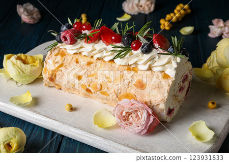 Meringue roll, concept of tasty and delicious food Meringue roll, concept of tasty and delicious food 123931833