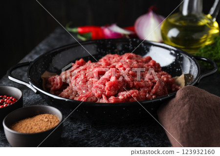 Ground meat, concept of cooking tasty meat food 123932160