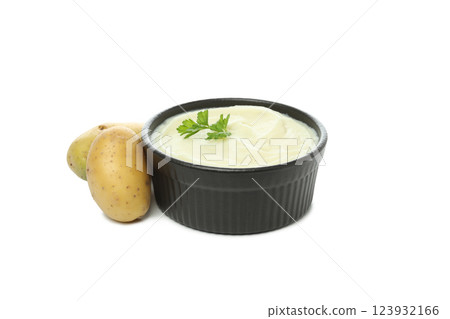 PNG, Mashed potatoes in bowl and whole potatoes, isolated on white background PNG, Mashed potatoes in bowl and whole potatoes, isolated on white background 123932166