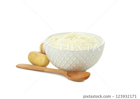 PNG, Mashed potatoes in bowl, whole potatoes and spoon, isolated on white background PNG, Mashed potatoes in bowl, whole potatoes and spoon, isolated on white background 123932171