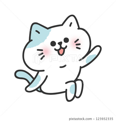 Cute cat sitting on the floor, raising hand 123932335