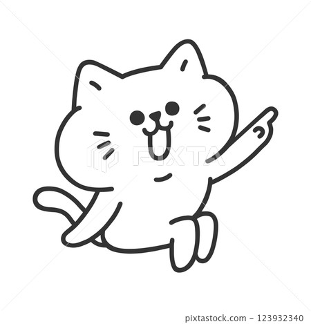 一隻可愛的貓坐著指著 — 線條畫 一隻可愛的貓坐著指著 — 線條畫 123932340