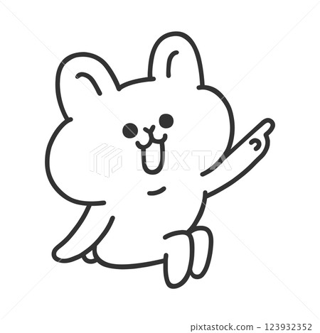 一隻可愛的兔子坐著指著 — 線條畫 一隻可愛的兔子坐著指著 — 線條畫 123932352