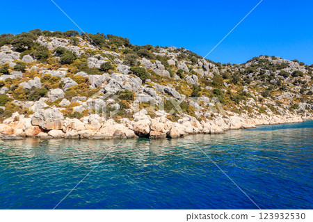 View of the Taurus mountains and the Mediterranean sea near Demre, Antalya province in Turkey 123932530
