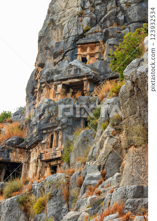 Rock-cut tombs of Lycian necropolis of the ancient city of Myra in Demre, Antalya province in Turkey 123932534