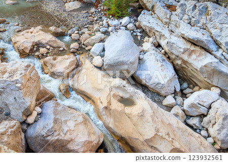Scenic landscape with beautiful mountain brook. Idyllic scenery with clear water in small river. Fast water flow close-up Scenic landscape with beautiful mountain brook. Idyllic scenery with clear water in small river. Fast water flow close-up 123932561
