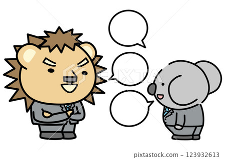 Smiling and talking anthropomorphic animal businessmen Smiling and talking anthropomorphic animal businessmen 123932613