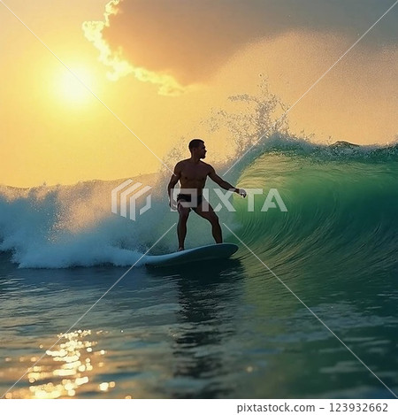Riding the waves with excitement, he surfs across the stunning blue ocean, embracing the thrill of the sea Riding the waves with excitement, he surfs across the stunning blue ocean, embracing the thrill of the sea 123932662