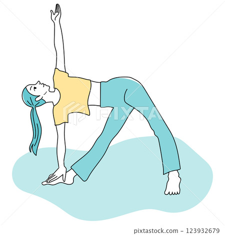 Woman doing yoga triangle pose 123932679