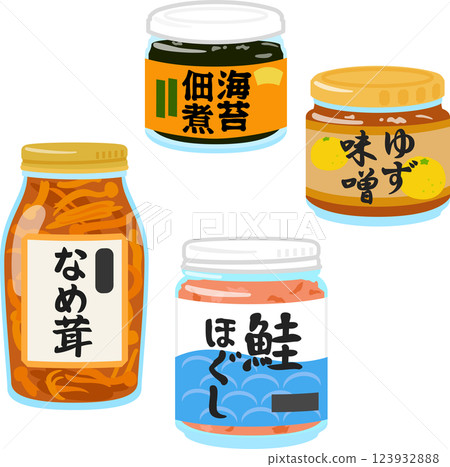 Bottled tsukudani, nametake mushrooms, yuzu miso, and shredded salmon 123932888