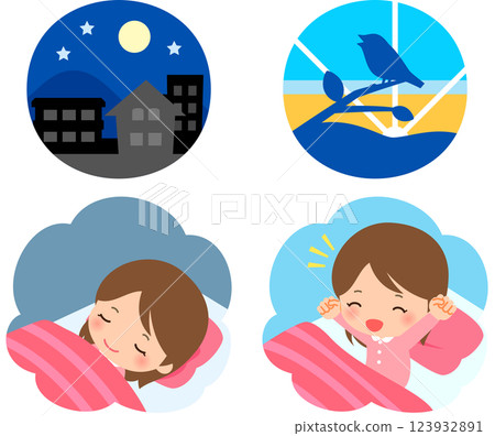 A woman sleeps at night and wakes up at dawn A woman sleeps at night and wakes up at dawn 123932891