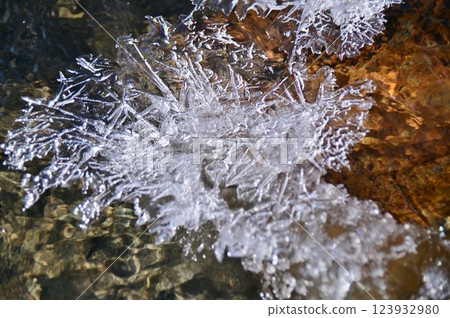 Ice crystals floating on the water surface 123932980