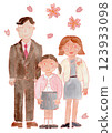 Watercolor illustration of a girl, parents and cherry blossoms 123933098