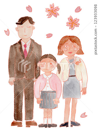 女孩、父母和櫻花的水彩畫 女孩、父母和櫻花的水彩畫 123933098