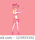 A woman in a swimsuit smiling and holding a container of fruit on her head 123933102