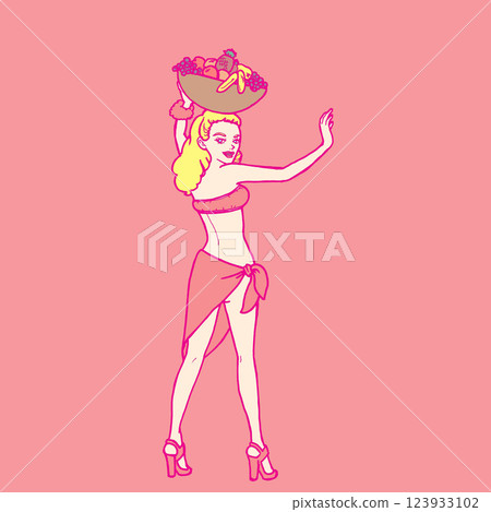 A woman in a swimsuit smiling and holding a container of fruit on her head 123933102