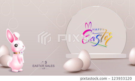 Light beige composition with Easter bunny, eggs and a round frame Light beige composition with Easter bunny, eggs and a round frame 123933120