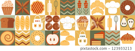Bakery bread pattern. Abstract geometric pattern of Bauhaus. Pastries and dessert in trendy geometric style - seamless pattern with icons related to bakery, cafe, cupcakes and templates Bakery bread pattern. Abstract geometric pattern of Bauhaus. Pastries and dessert in trendy geometric style - seamless pattern with icons related to bakery, cafe, cupcakes and templates 123933213