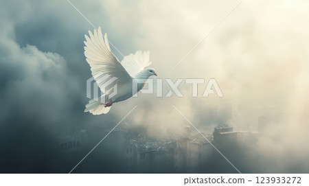 White Dove Flying Over Destroyed City in Fog White Dove Flying Over Destroyed City in Fog 123933272
