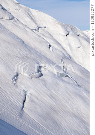 Cracks in the snow on Mt. Tanigawa during the snowmelt period (sign of an avalanche) Cracks in the snow on Mt. Tanigawa during the snowmelt period (sign of an avalanche) 123933277
