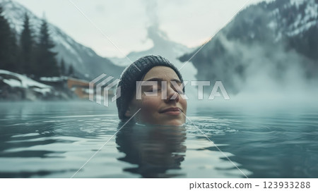 Woman Relaxing in a Hot Spring Surrounded by Snowy Mountains Woman Relaxing in a Hot Spring Surrounded by Snowy Mountains 123933288