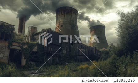 Abandoned Nuclear Power Plant Surrounded by Overgrown Vegetation Abandoned Nuclear Power Plant Surrounded by Overgrown Vegetation 123933289