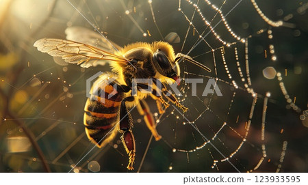 Bee trapped in web. Generative AI Bee trapped in web. Generative AI 123933595