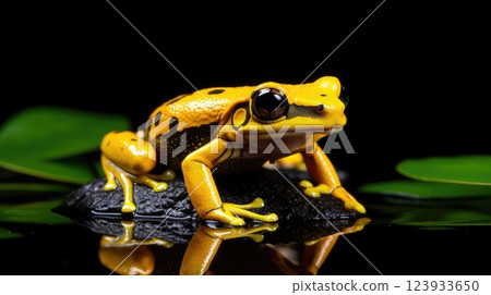Yellow frog on leaf. Generative AI 123933650