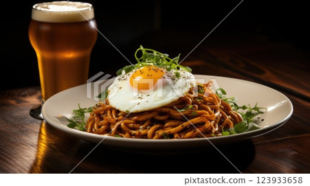 Poached egg and noodles. Generative AI Poached egg and noodles. Generative AI 123933658