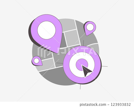 Location search with map markers. Nearby places, GPS navigation and local SEO strategy for business visibility. Digital map, geolocation and online targeting for efficient searches vector illustration 123933832