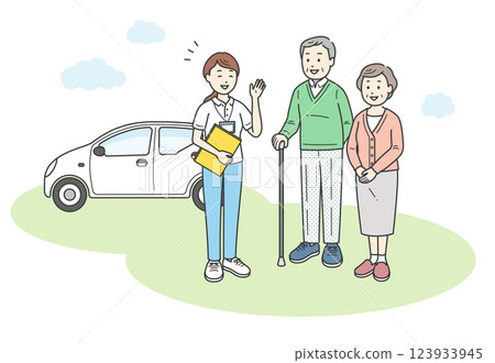 女性護理員或護理經理和一對老年夫婦在外面交談的插圖 123933945