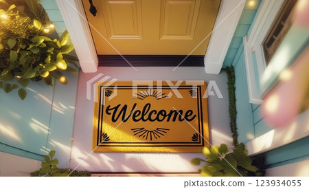 A surreal and vibrant cinematic photograph with an overhead view of a cheerful 'Welcome' mat 123934055