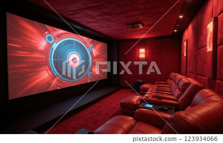 AI-enhanced home theater in deep crimson, featuring smart projection screens that adjust resolution and brightness based on viewing distance, 123934066