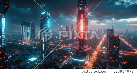 AI-Powered Cityscape - A futuristic metropolis bathed in an ethereal glow of neon blue and red, with towering skyscrapers made 123934078