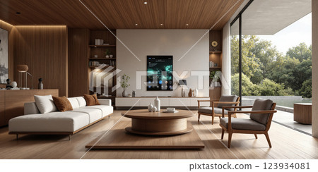 Interactive smart coffee table in Mocha Musse shades, seamlessly blending into the environment, equipped with an embedded holographic display for Interactive smart coffee table in Mocha Musse shades, seamlessly blending into the environment, equipped with an embedded holographic display for 123934081