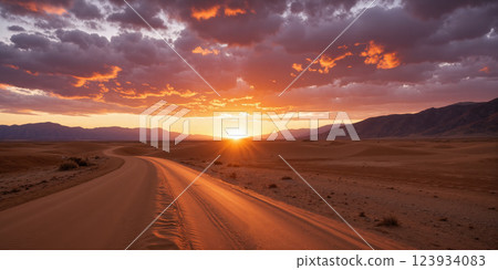 Lonely desert road disappearing into the horizon for journey and exploration themes. An empty, winding road cuts through a dry, golden desert landscape Lonely desert road disappearing into the horizon for journey and exploration themes. An empty, winding road cuts through a dry, golden desert landscape 123934083
